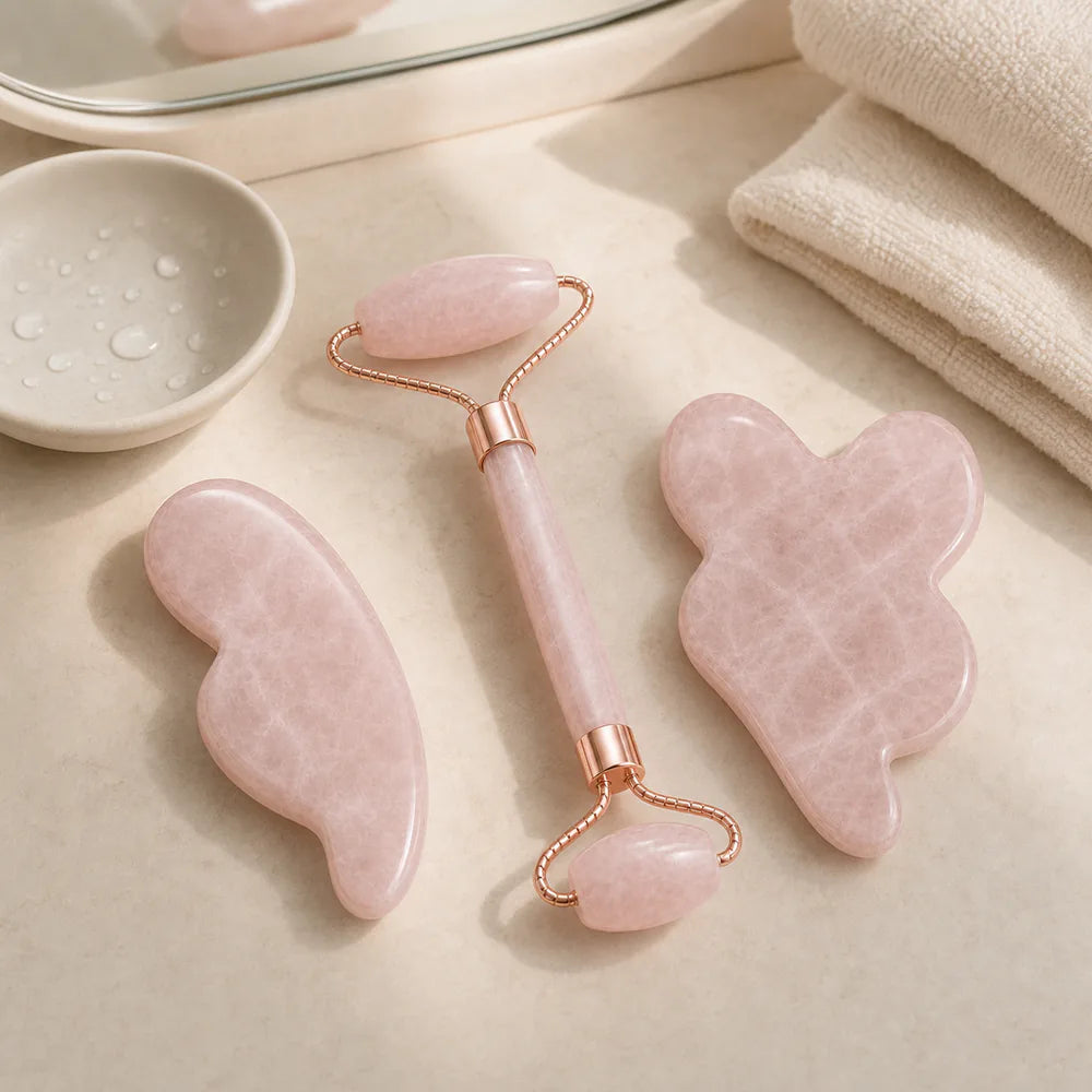 Lunea Sculpt – třídílná sada masážního válečku a gua sha – produkt v domácí rutině