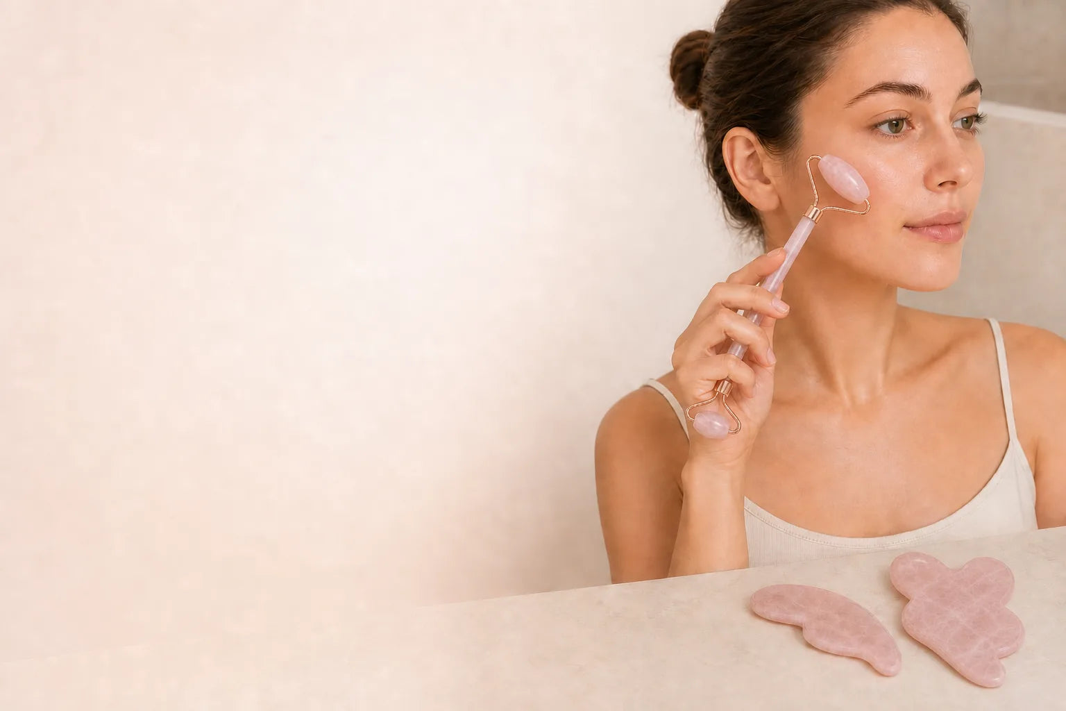 Domácí péče o pleť s růžovým rollerem a gua sha sadou Lunea Sculpt